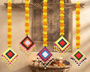 Wholesale Pack Handmade Artificial Marigold Fluffy <b>Flower</b> Garland Colorful Plastic Diamond <b>Mirror</b> Latkan Traditional Home Decor - Product Image 3