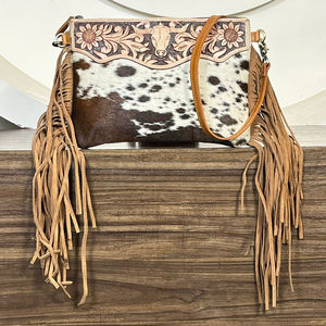 Western Pattern 2026 Stylish Sling Hand Tooled Cowhide Leather Crossbody Fringe Bag Hair on Leather <b>Shoulder</b> Bag for Women's - Product Image 4