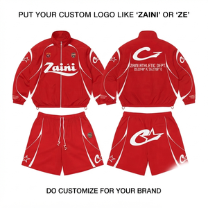140 GSM Polyester <b>Knitted</b> Hooded Men's Winter Windbreaker Short <b>Set</b> Red White Quick Dry Silk Screen Printed Custom Logo - Product Image 1