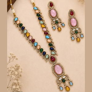 Ensemble collier et boucles d'oreilles ethniques multicolores en cristal et strass plaqué or pour femmes JeweleMarket, pour mariage et fiançailles - Product Image 1