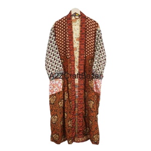 Túnica Larga Bohemia Hippie Elegante de Manga Larga con Cierre de Cordón y Cuello en V, Estilo Patchwork de Seda India Vintage, Transpirable, Suave y de Secado Rápido - Product Image 1