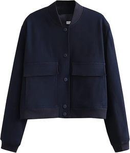 Chaqueta Bomber Corta Azul Marino para Mujer con Bolsillos de Parche, Cierre de Botones, Estilo Casual, Manga Larga, Cuello Alto, Poliéster Tejido - Product Image 1