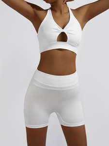 High Quality Stretchy Knit Custom Ribbed Racerback Cutout Crop Top and Scrunch Butt Biker <b>Shorts</b> Set for Women Gym - Product Image 3