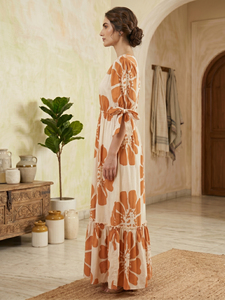 Robe longue bohème blanche à imprimé floral pour femme, col en V, manches bouffantes à nouer, taille élastique, ourlet à volants - Product Image 6