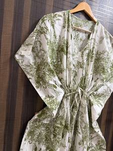 Women's Green Tropical Print Maxi <b>Kaftan</b> Dress V-neck Batwing Sleeve <b>Beach</b> Cover Summer Resort Wear Regular 100% Cotton Vacation - Product Image 5