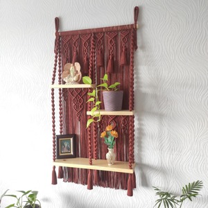 Premium Red Wine Color Macrame Wall Hanging Shelf With Wooden Base For Cafe Or Boutique Display Shelf For Styling Products - Product Image 1
