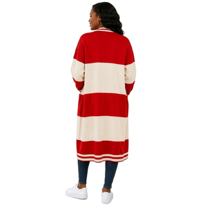 <b>Women</b> Long Knit <b>Cardigan</b> Color Blocking <b>Red</b> Cream Open Front Casual Full Sleeve Pockets 100% Acrylic - Product Image 3