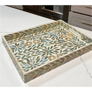 Plateau décoratif en bois laqué avec incrustation de nacre faite à la main, motif mosaïque abstrait moderne, pour service de café et mariages - Product Image 4