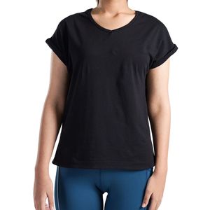 T-shirt pour femme à col en V, coupe ample, décontracté, respirant, en coton doux, pour le sport, le yoga, la course à pied, uni noir - Product Image 1