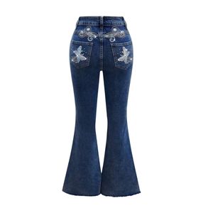 Custom Women Rhinestone Flare Jeans Distressed Ripped Flame Graphic Blue Denim Pants Vintage Y2K Bell Bottom Streetwear <b>Trousers</b> - Product Image 4