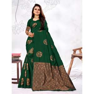 Sari en soie Banarasi pour mariage avec blouse non cousue, vert - Product Image 1