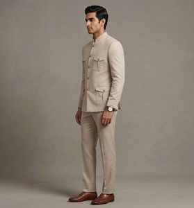 Traje de Safari Beige para Hombre, Corte Slim Fit, Tela TR, Pliegues Delanteros, Estilo Americano, Hecho en India, Calidad Premium, Gran Venta - Product Image 2