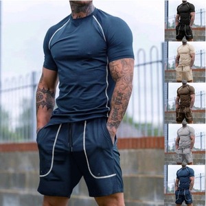 Ensemble de sport d'été 2 pièces pour homme – Vêtements respirants à séchage rapide et ajustés pour l'entraînement – Motif uni - Product Image 3