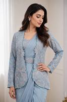 Ensemble de sari en crêpe de soie bleu clair brodé, prêt à porter, avec chemisier et veste pour mariage ou fête