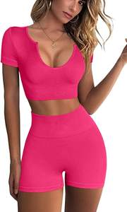 Conjunto Deportivo Sin Costuras Acanalado para Mujer: Top Corto de Manga Corta y Shorts de Fitness de Cintura Alta Elásticos para Gimnasio - Product Image 6