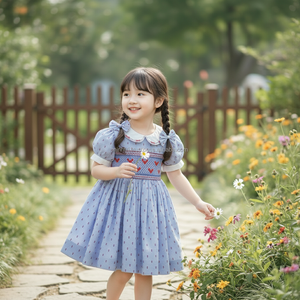 Vestido fruncido de corazón azul con mangas abullonadas y cuello Peter Pan, encantador estilo boutique de verano para niñas pequeñas. - Product Image 2