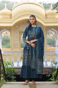 Premium 60x60 Cotton Blue Anarkali Suit Set for Women with Dupatta Traditional Ethnic Wear Wholesale - Product Image 2