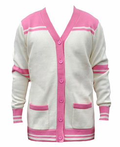 Women Acrylic Embroidered <b>Knitted</b> <b>Cardigan</b> V-Neck Full Sleeve Contrast Color Pink <b>White</b> Casual Button Front Pocket Breathable - Product Image 1