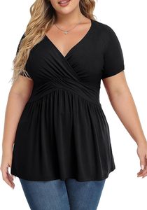 Camiseta de Verano para Mujer, Talla Grande, Cuello en V, Manga Corta, Algodón Sólido, Transpirable, Estilo Túnica, Corte Regular Informal - Product Image 2