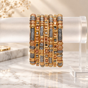 Conjunto de Brazaletes Multitono Chapados en Oro para Mujer, Diseño Geométrico Texturizado, Joyería Artificial, Suministro al por Mayor del Fabricante - Product Image 3