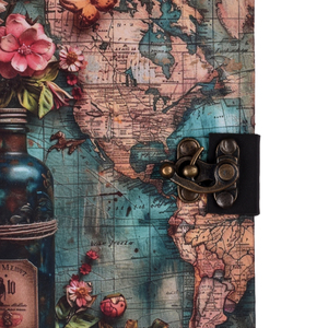 Journal vintage fait main avec cadenas et carte intégrée | Carnet de notes A5 sur le thème du voyage avec motif floral |   Journal de style antique pour écrire et offrir en cadeau - Product Image 2