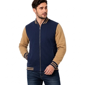 Unisex Navy Blue Varsity Jacket Tan Sleeves <b>Single</b> Button Closure Casual Fleece Breathable Windproof <b>Quilted</b> Outerwear Winter - Product Image 4