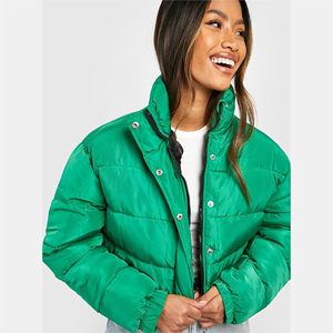 Chaqueta acolchada verde para mujer, con cuello alto, cierre de cremallera, corta, cálida, para invierno - Product Image 4