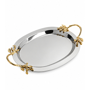 Plateau de service de luxe en acier inoxydable avec poignées en forme de branche de ginkgo dorée, plat décoratif ovale en métal pour la restauration hôtelière, meilleur prix - Product Image 1
