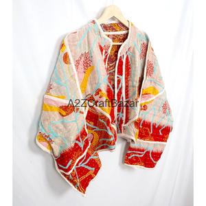 Handcrafted Unisex Cotton Quilted Printed Patchwork Bohemian <b>Kantha</b> Kimono <b>Jacket</b> Autumn/Spring/Summer/Winter Vintage Floral - Product Image 5