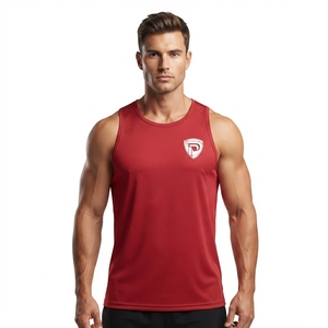 <b>Red</b> Men's Sleeveless <b>Tank</b> <b>Top</b> O-Neck Solid Color Quick Dry Polyester Casual Wear Knitted Front Logo Print - Product Image 3