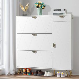 Scarpiera in truciolato bianco con pannello porta intagliato a V, 3 cassetti a sinistra, 1 cassetto a destra, 1 anta, 120x24x125 cm - Product Image 2