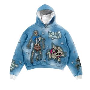 เสื้อมีฮู้ดผ้าเดนิมพิมพ์ลาย DTG สำหรับชายหญิงวินเทจโอเวอร์ไซส์ออกแบบได้ตามต้องการ - Product Image 1