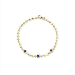 Bezel Round Cut Blue Sapphire 3mm Ball Bead Chain 6.5inch <b>Bracelets</b> <b>stacking</b> unique wedding statement jewelry 14K 18K Solid Gold - Product Image 1