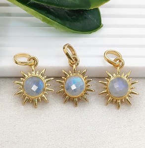 Sunburst Rainbow <b>Moonstone</b> Gemstone Charms - Gold Plated Collet Set 6mm Round <b>Pendant</b> - Product Image 1