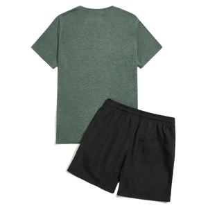 Ensemble T-shirts d'été à col rond et shorts taille mi-haute élastique pour hommes en polyester/coton, imprimé uni, séchage rapide, tricoté, numérique - Product Image 5