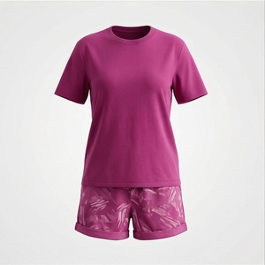 2 Piece High Quality Formal Solid Above Knee Home Wear Suit Short Sleeve T Shirt and Shorts <b>Twin</b> <b>Set</b> for Women - Product Image 1