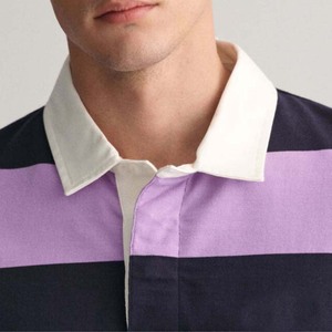 Polo de rugby à manches longues pour homme, rayé violet et noir, col blanc, fermeture boutonnée - Product Image 2