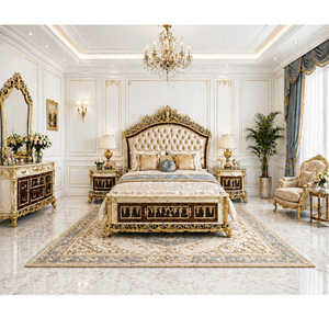 Juego de Cama de Madera de Teca Sólida de Diseño Italiano de Lujo, Acabado Dorado Clásico Premium, Cama King Size, Compre Muebles de Dormitorio Modernos Personalizados - Product Image 1