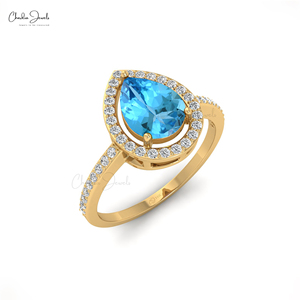 Fournisseurs vérifiés, bague en topaze bleue suisse authentique de 8x6 mm en forme de poire avec halo de diamants, en or jaune massif 14 carats, bijoux de mariage sur mesure - Product Image 5