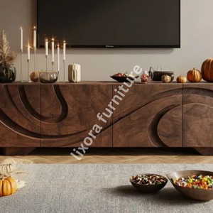 Luxury Handcrafted Solid Wood Media Console Ornate Abstract Wave Carving Walnut <b>TV</b> <b>Stand</b> Credenza - Product Image 3