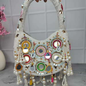 Handmade Beaded Bohemian Style Embroidery Half Moon Clutch Purse with Tassels for Festivals Travel & Weddings Fashion From India - Product Image 1