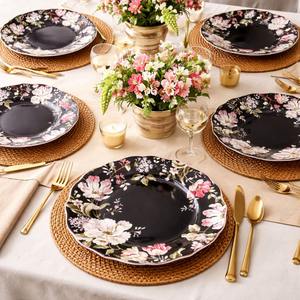 Assiette de dîner florale royale noire élégante de style européen en porcelaine écologique, faite à la main, non toxique, durable, vaisselle en céramique en gros - Product Image 2