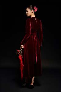 Vestido Midi de Terciopelo Sólido Tejido con Botones, Cintura Holgada, Transpirable, Elegante, Cuello Redondo, Manga Regular, Lujo, Rojo Borgoña - Product Image 3