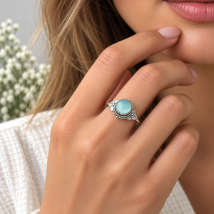 Bague Ronde en Argent avec Calcedoine Aqua, Style Bohème Western, Bijou Tendance avec Pierre Précieuse pour Femme, Vente en Gros - Product Image 4