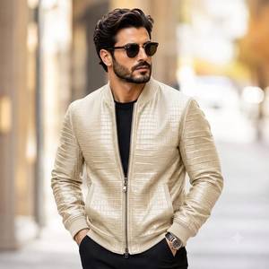 New Arrival Premium <b>Men</b> Real for Embossed Leather <b>Summer</b> Bomber <b>Jacket</b> 100% Leather Plaid Pattern - Product Image 5
