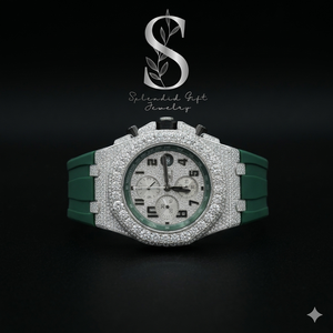 Montre de luxe en diamant naturel brillant, argent sterling 925 massif et bracelet en caoutchouc de couleur verte pour homme - Product Image 1