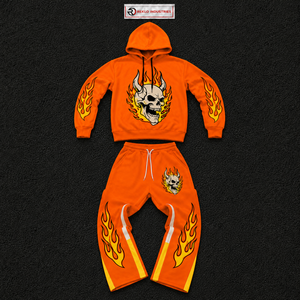 <b>Orange</b> Flame Skull Tracksuit Men Streetwear <b>Hoodie</b> And Jogger Set Gothic Fire Graphic Two Piece Outfit Oversized Pullover Sweats - Product Image 5