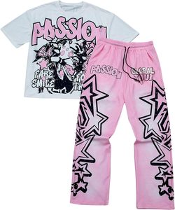 Ensemble streetwear Y2K personnalisé pour homme, t-shirt oversize à imprimé graphique sur le devant, jogging assorti, survêtement bleu étoilé, deux pièces respirantes - Product Image 3