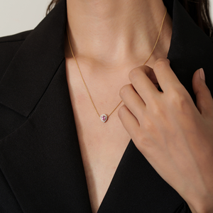 Collier pendentif solitaire en forme de poire avec halo de saphir rose et diamants de qualité supérieure, bijoux empilables pierre de naissance en or jaune véritable 18 carats - Product Image 2