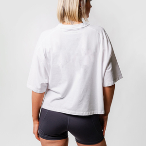 <b>White</b> Oversized <b>Crop</b> <b>Top</b> Short Sleeve O-Neck Solid Color Casual Jersey T-Shirt for Women - Product Image 2